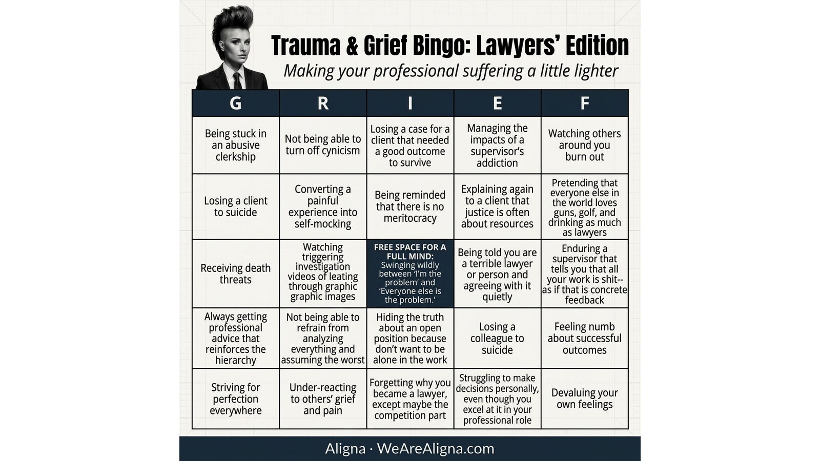 Trauma & Grief Bingo: Lawyers' Edition card preview. Full text on post