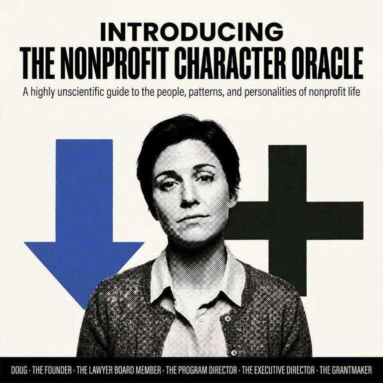 Introducing the Nonprofit Character Oracle. Woman in button-down and cardigan glares in front of a down arrow and a plus sign